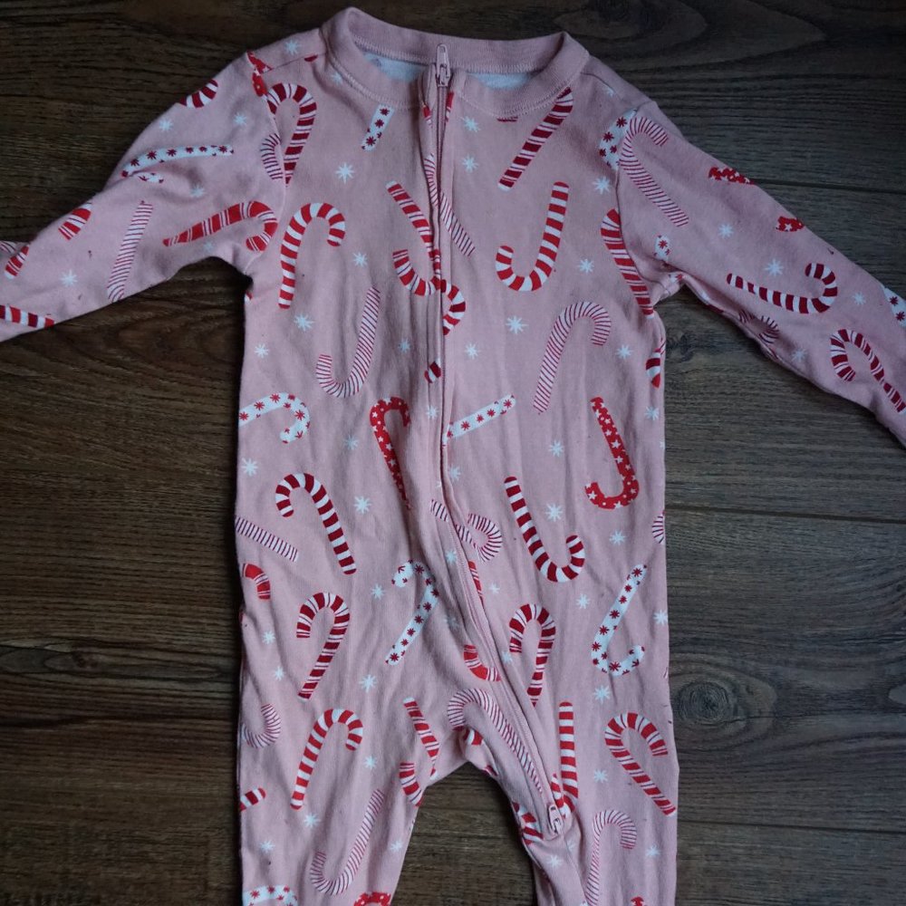 Pink double zip up footie w/candy cane print 6-9 m Old Navy